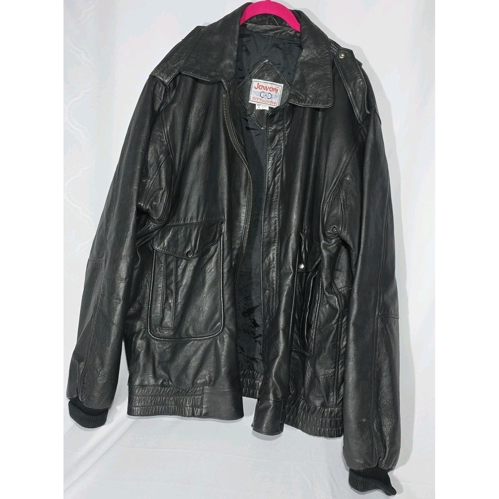 Jawani Lambskin‎ Black Leather Vintage Bomber Jacket Men's Size XXL - 2XL